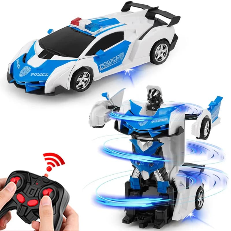 Voiture de police robot transformable télécommandée bleu