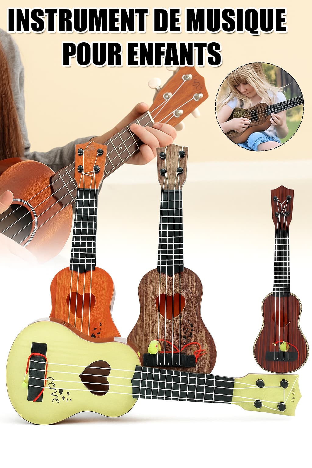 Mini guitare 4 cordes à motif cœur