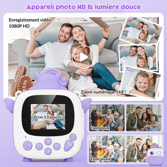 Appareil photo instantané enfant 1080P avec impression et carte 32 Go
