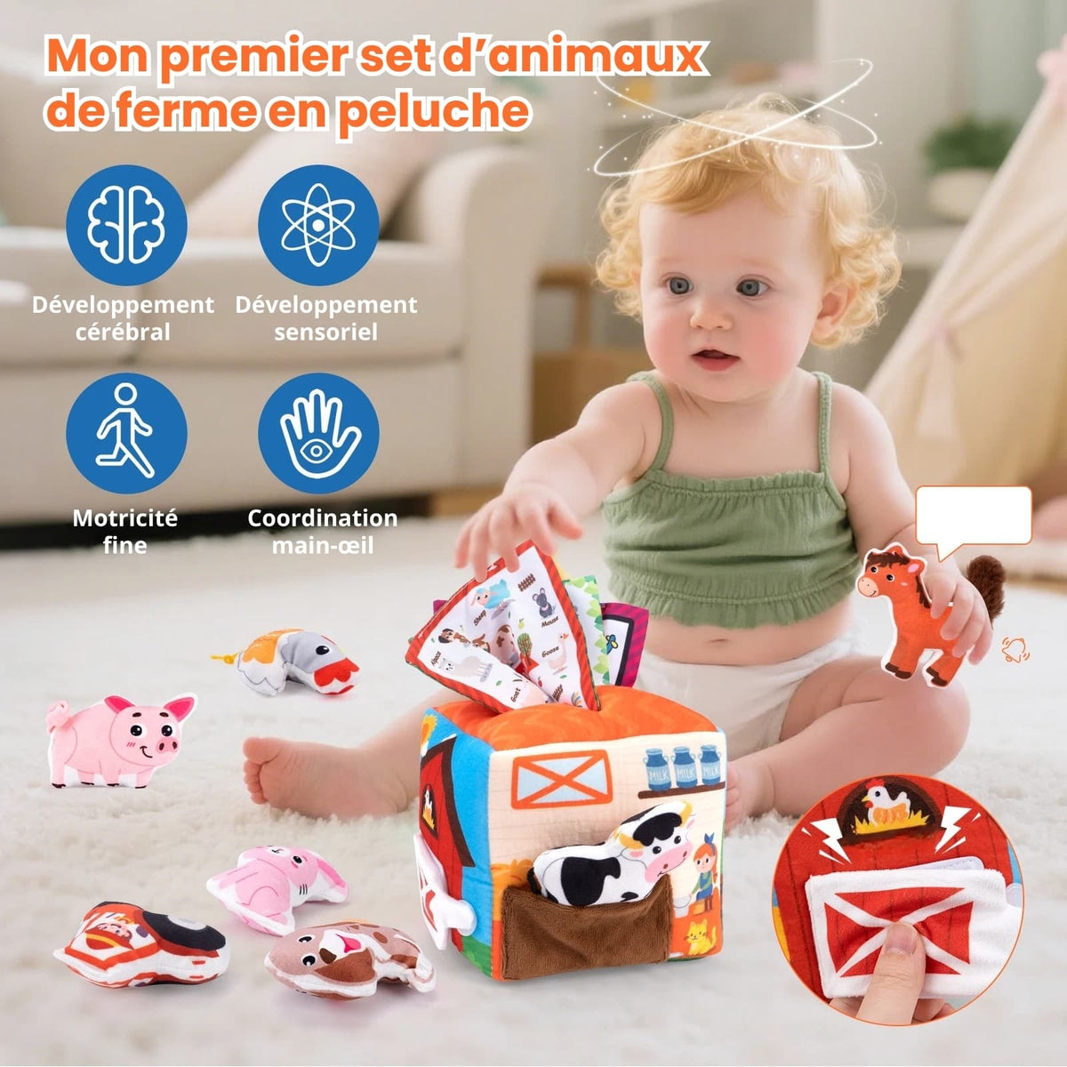 Jeu éveil sensoriel Montessori boîte à mouchoirs ferme pour bébés