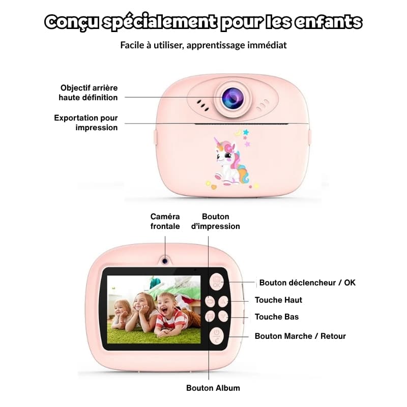 Appareil photo instantané enfant 1080P – double objectif, impression HD